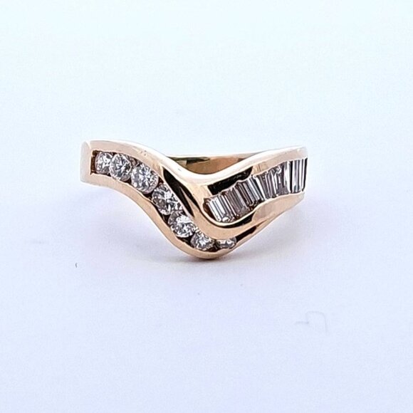 14K Yellow Gold 1.01TW Channel Set Round Baguette Diamond Chevron Ring Size 8.25 - Picture 1 of 14